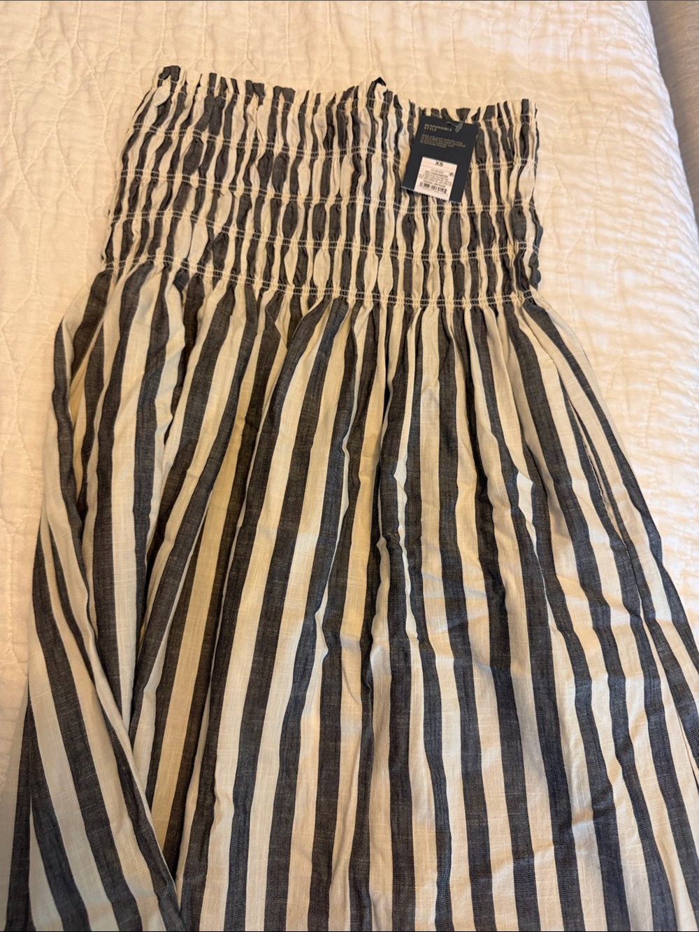 Black ( grayish )and White Vertical Stripe Smocked Midi Dress
